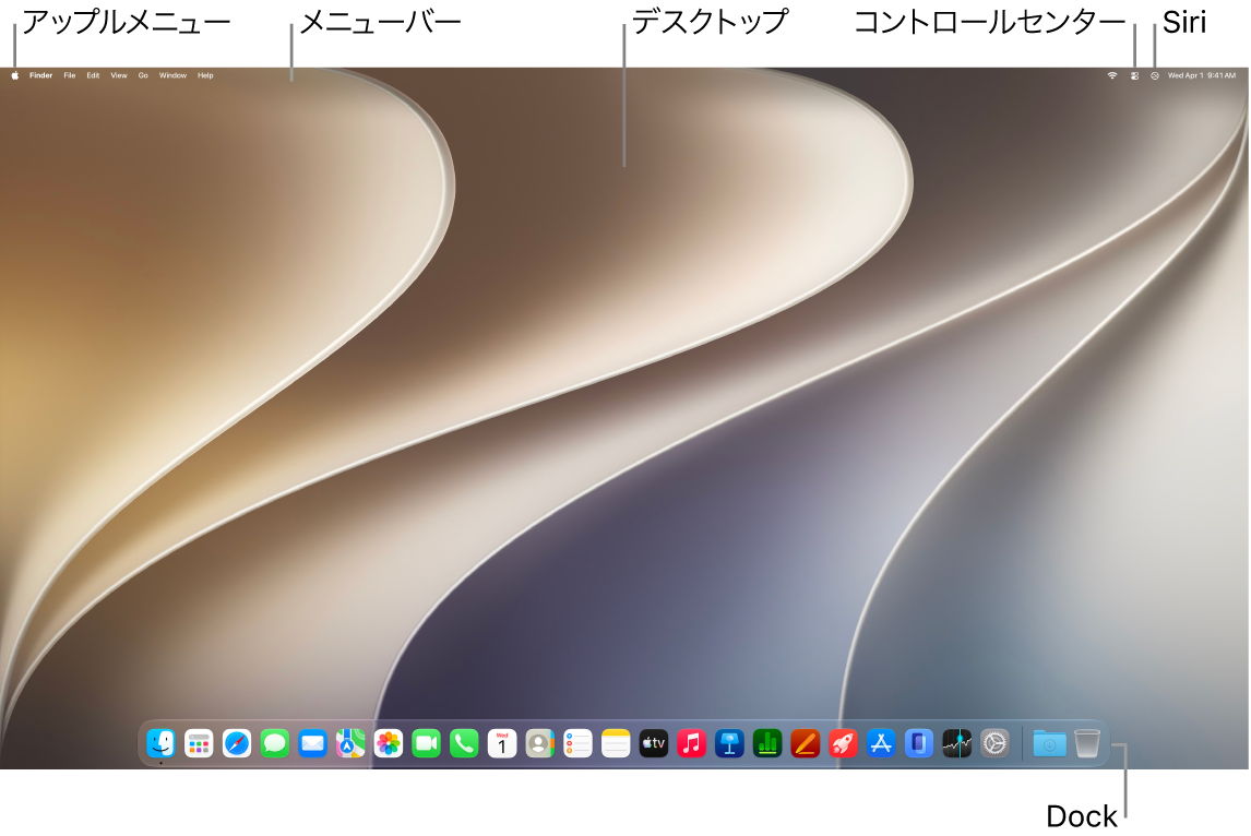 Macのデスクトップ。画面の上部にメニューバー、下部にDockが表示されています。