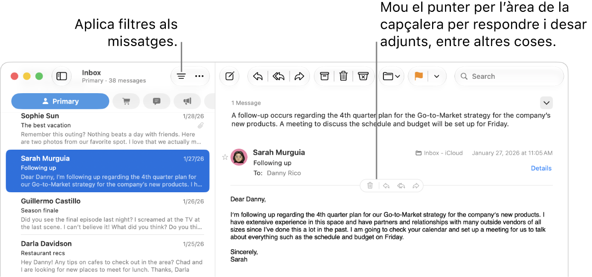 La finestra del Mail. A la barra d’eines, fes clic al botó “Filtra” per aplicar filtres de missatges. Per veure els botons per respondre, desar adjunts, etc., mou el punter per sobre de l’àrea de la capçalera d’un missatge.
