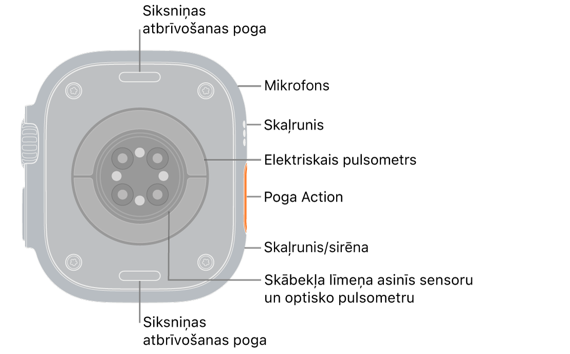 Apple&nbsp;Watch&nbsp;Ultra&nbsp;3 pulksteņa aizmugure ar siksniņas atbrīvošanas pogām augšā un apakšā. Sānos ir mikrofons, skaļrunis, elektriskais sirds sensors, poga Action, skaļruņa ports, no kura tiek atskaņota sirēna, skābekļa līmeņa asinīs sensori un optiskie sirds sensori.