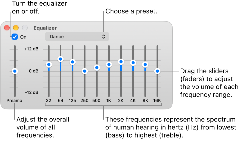 The Equalizer window, showing controls to turn it on, choose  presets, and adjust the volume of frequencies.