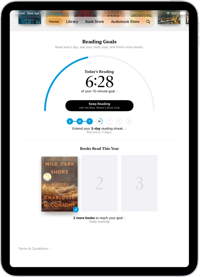 The Reading Goals screen showing stats for the user—such as today’s reading, their reading record for the week, and their books read this year.