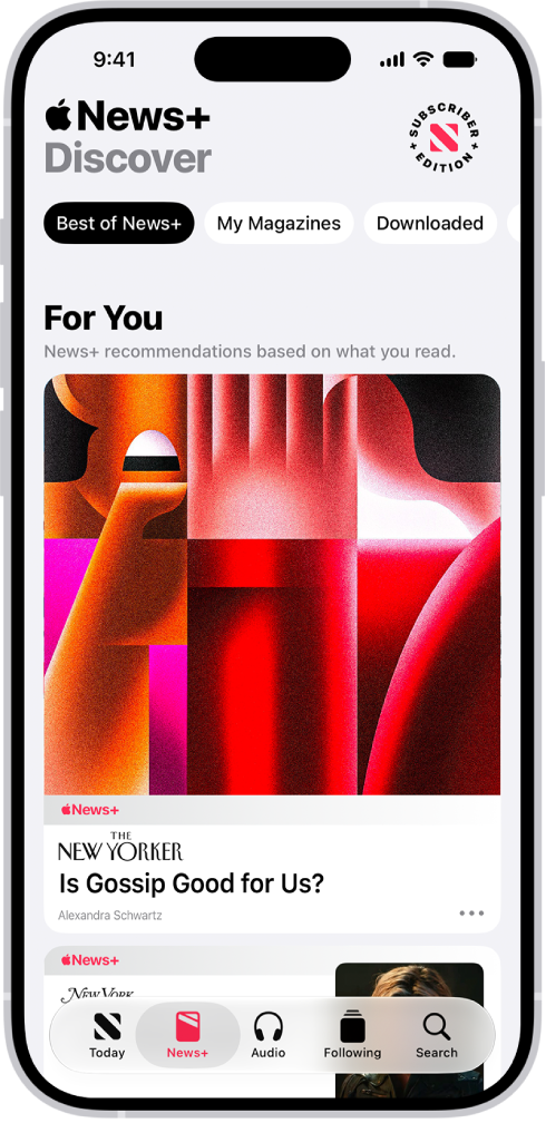 A magazine story from Apple News+. In the tabs across the bottom, News+ is selected.