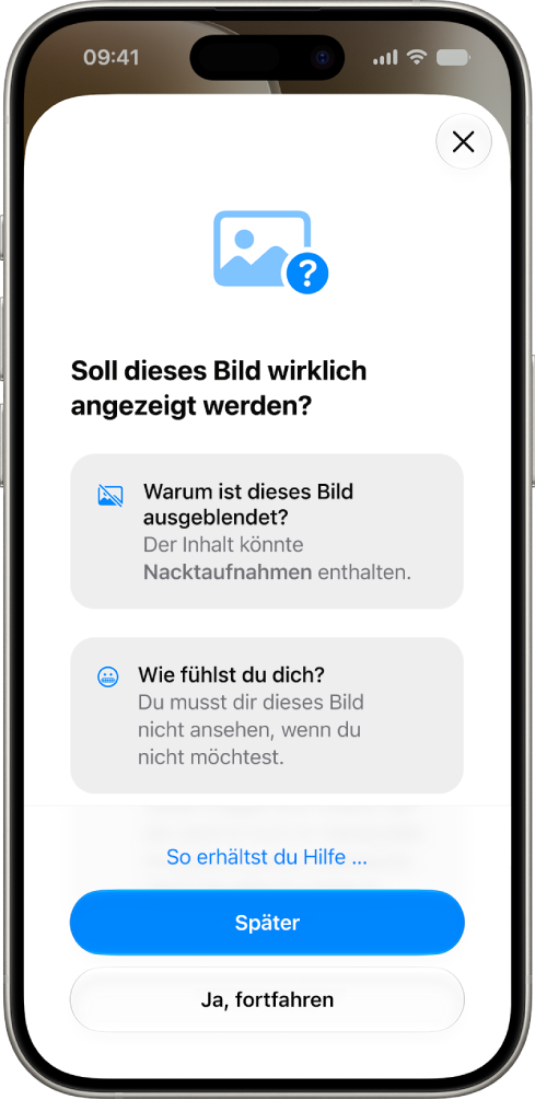 Der Bildschirm „Kommunikationssicherheit“ mit einer Warnung, dass ein Bild möglicherweise sensible Inhalte enthält, und Optionen, um Hilfe zu erhalten.