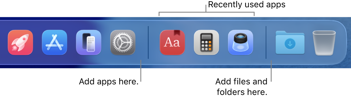 A portion of the Dock showing the separator lines between apps, recently used apps, and files and folders.