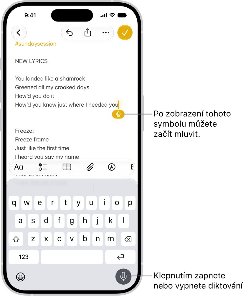 V&nbsp;aplikaci Mail je otevřená klávesnice na displeji. V&nbsp;pravém dolním rohu obrazovky je vybráno tlačítko Diktování a&nbsp;pod kurzorem v&nbsp;textovém poli se zobrazí tlačítko Diktování.