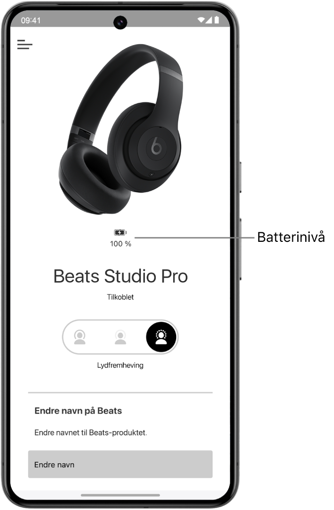 Enhetsskjerm i Beats-app, med batterinivået for tilkoblede Beats&nbsp;Solo&nbsp;4-hodetelefoner.
