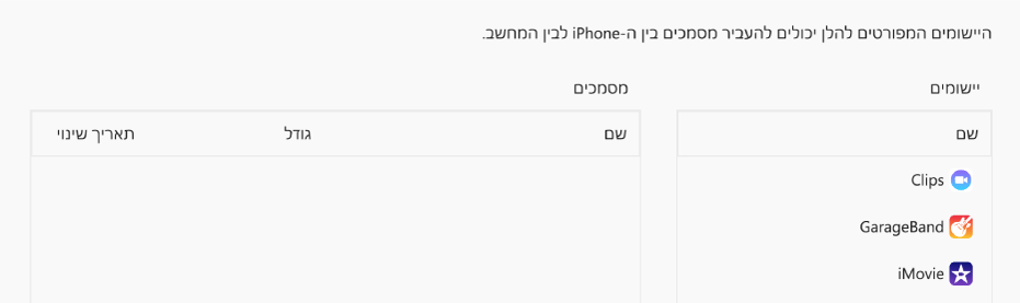 החלון ״קבצים״ מציג יישומים שיכולים לבצע סנכרון עם מכשיר.