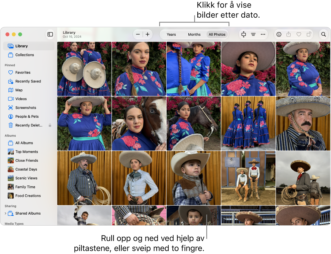 Bilder-vinduet, som viser Alle bilder markert i verktøylinjen og bilder organisert etter dato i hovedområdet av vinduet.