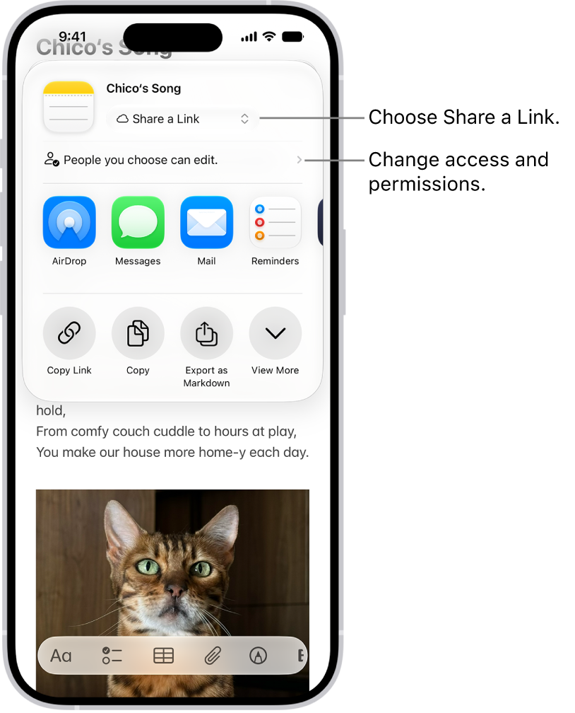 A collaboration invitation to a recipe in Notes, showing Share a Link for the share option and “People you choose can edit” as the access and permission setting. Below that, four different ways to share the note are presented: AirDrop, Messages, Mail, and Reminders.
