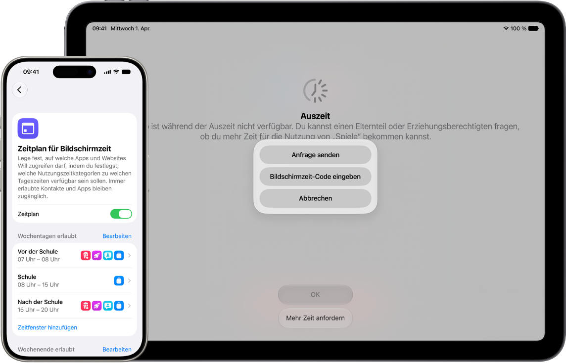 Ein iPhone eines Elternteils mit dem Zeitplan für die Bildschirmzeit eines Kindes und Zeitfenstern für „Vor der Schule“, „Schule“ und „Nach der Schule“. Das iPad eines Kindes mit dem angezeigten Hinweis, dass die geplante Nutzungszeit für das Gerät überschritten wurde.