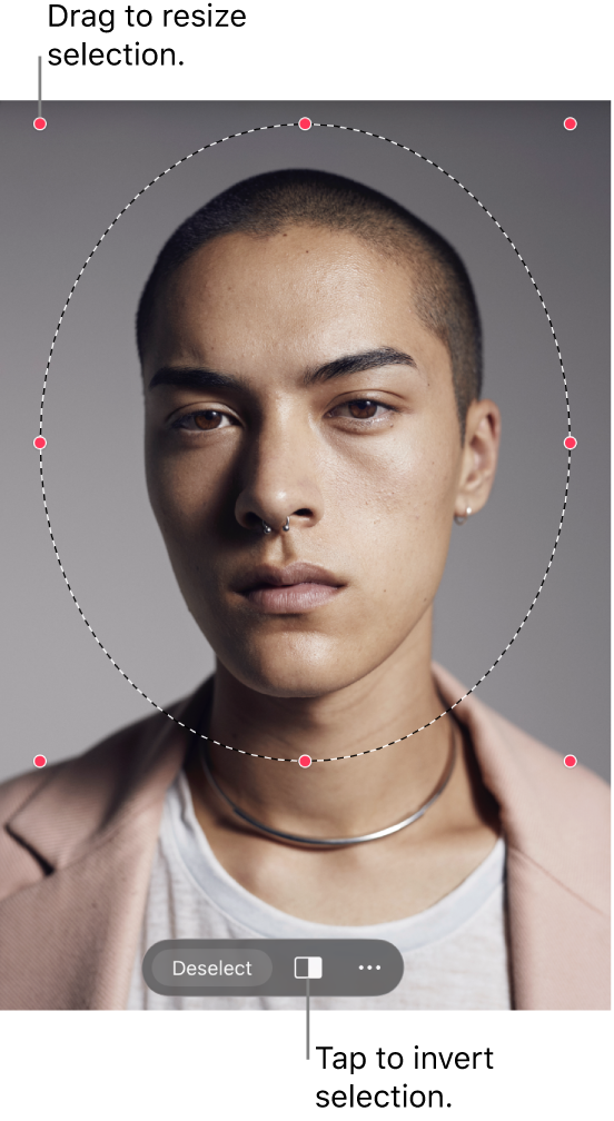 A photo of a person with an oval selection surrounding their head.
