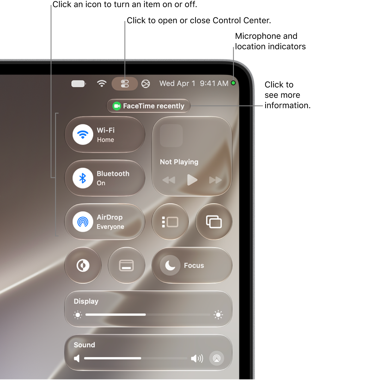 Control Center in the top-right portion of the screen, showing controls for Wi-Fi, Focus, Sound, and Now Playing, among others.