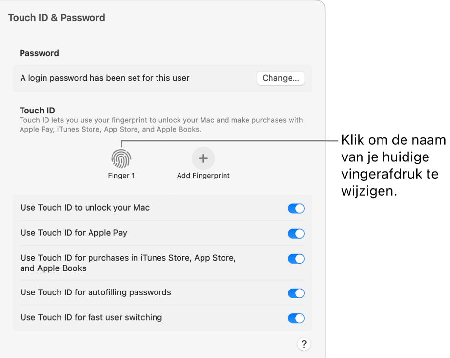 De instellingen voor 'Touch&nbsp;ID en wachtwoord', met een voltooide vingerafdruk waarmee de Mac kan worden ontgrendeld.