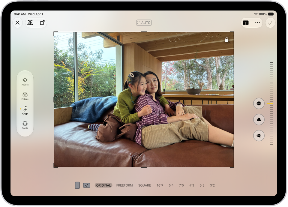 The Edit screen in the Photos app with a photo in the center. On the left side of the screen are the Adjust, Filters, and Crop buttons; the Crop button is selected. On the right side of the screen are the crop enhancement options and a slider to adjust the level of the effect.