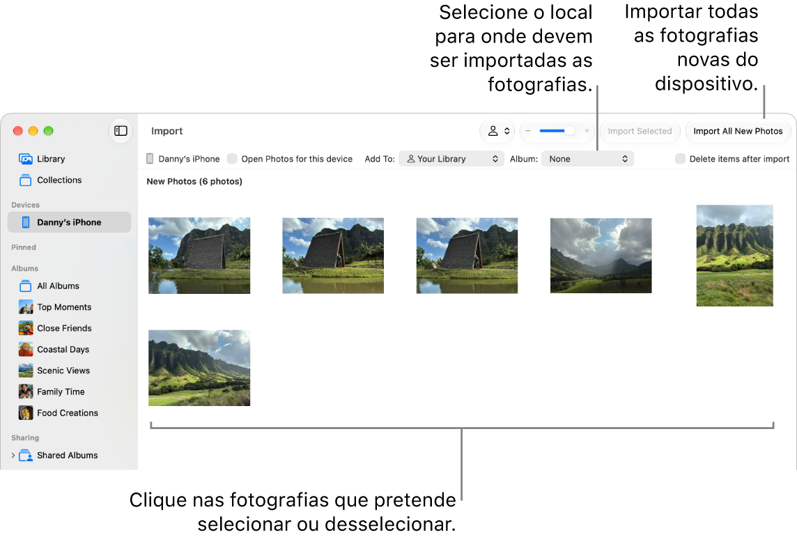 A janela Importar na aplicação Fotografias no Mac com fotografias novas num dispositivo. Na parte superior, ao centro, encontra-se o menu pop‑up “Álbum”. Os botões de importação encontram‑se na parte superior direita.