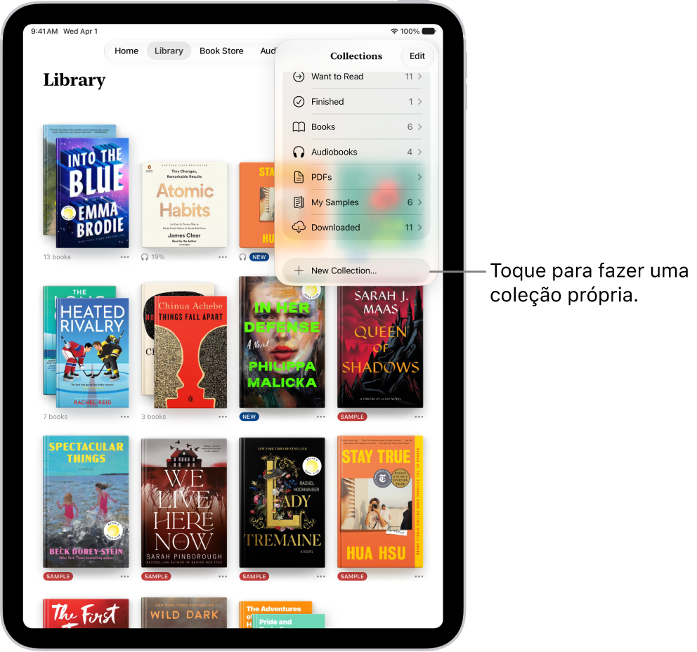 Tela Biblioteca no app Livros. Na parte superior da tela, o menu Coleções está aberto e mostra opções como Audiolivros e PDFs.
