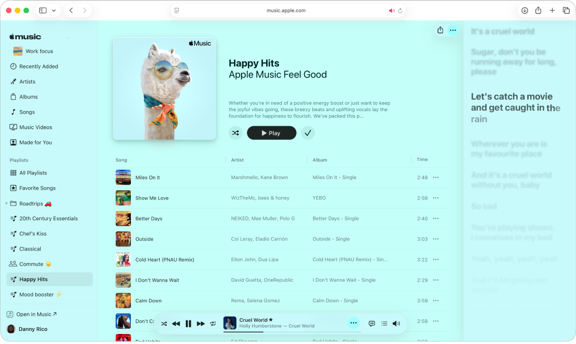 A song is playing in Apple Music. Lyrics appear on the right, in time with the music.