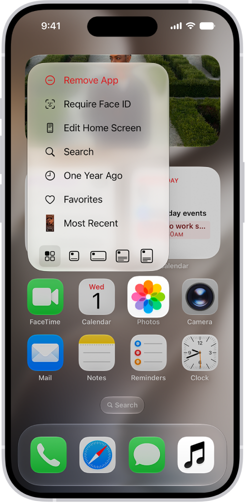 A screen showing changing an app icon into a widget on the Home Screen. You can touch and hold the app icon to open a list of options, and then tap small icons that represent widget sizes you can choose for the new widget.
