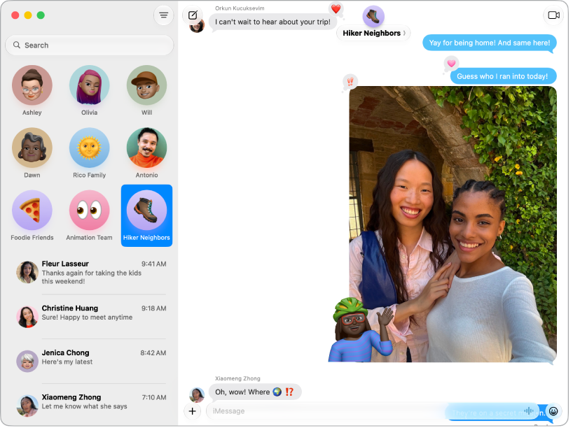A Messages window showing search results on the left and a conversation on the right.