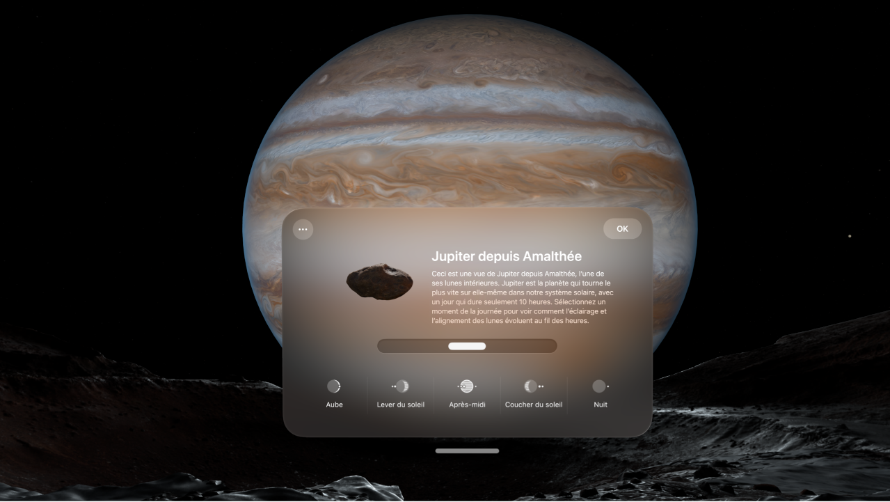 L’environnement Jupiter sur l’Apple&nbsp;Vision&nbsp;Pro, avec des options permettant de changer l’heure.