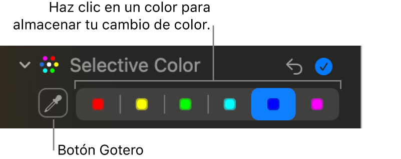 Los controles de Color selectivo en el panel Ajustar mostrando el botón Gotero y las paletas de colores.