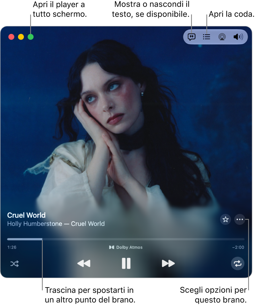 Mini Player esteso, che mostra i controlli per il brano in riproduzione. Nell’angolo superiore sinistro si trovano i controlli della finestra, che consentono di aprire e chiudere il player a tutto schermo. La parte principale della finestra mostra le illustrazioni dell’album per il brano in riproduzione. Sotto alla copertina è presente un cursore per passare a un’altra sezione del brano. Nella parte superiore si trovano i pulsanti per regolare il volume, mostrare i testi e aprire la coda.