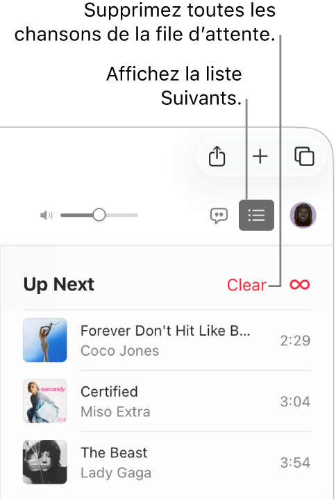 Le bouton Suivants dans le coin supérieur droit de la fenêtre d’Apple Music est sélectionné et la liste d’écoute est visible. Cliquez sur le lien Effacer en haut de la liste pour supprimer toutes les chansons de la liste d’écoute.
