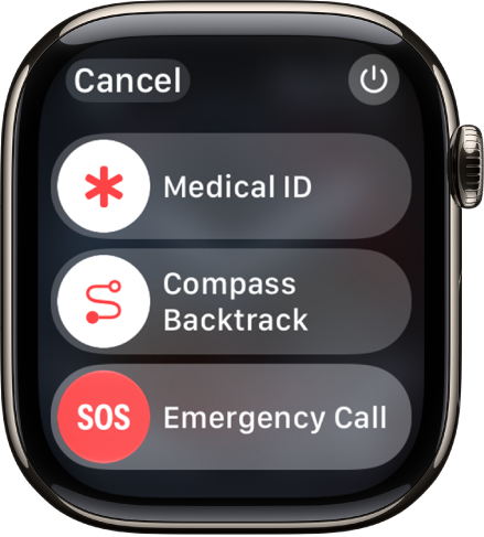 The emergency services screen. Near the top is the Medical ID slider, in the middle is the Compass Backtrack slider, and at the bottom is the Emergency Call slider.