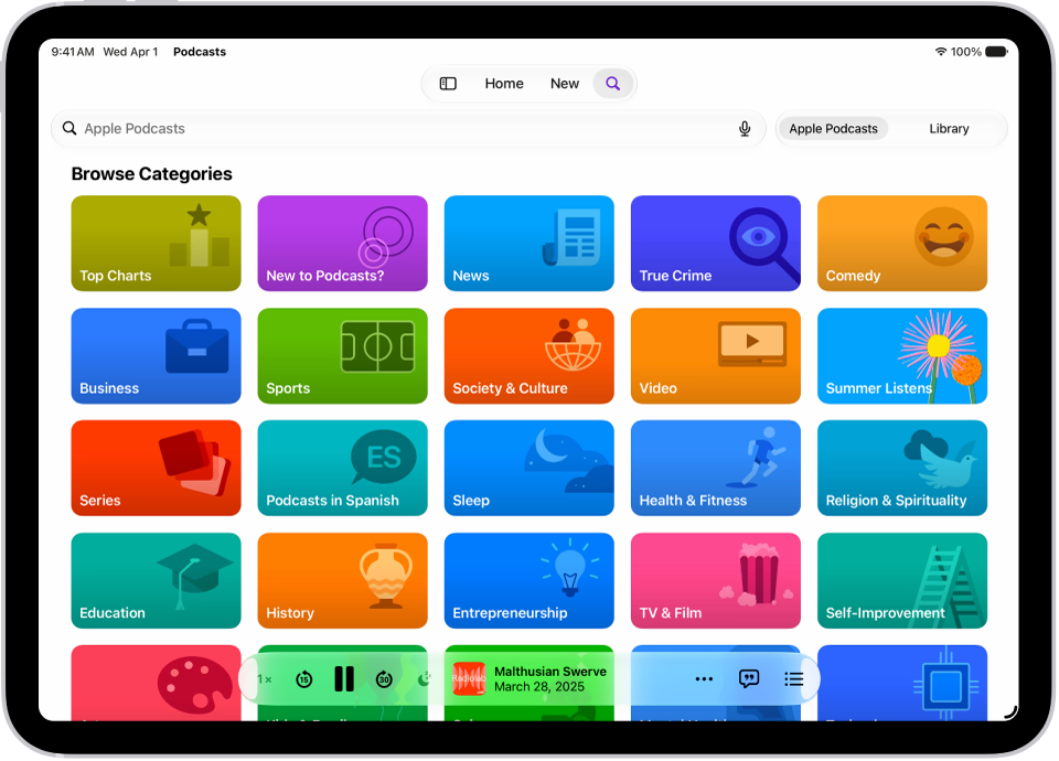 Der Suchbildschirm in der App „Podcasts“ mit Podcast-Kategorien. Im unteren Bereich des Bildschirms befindet sich der Mini-Player.