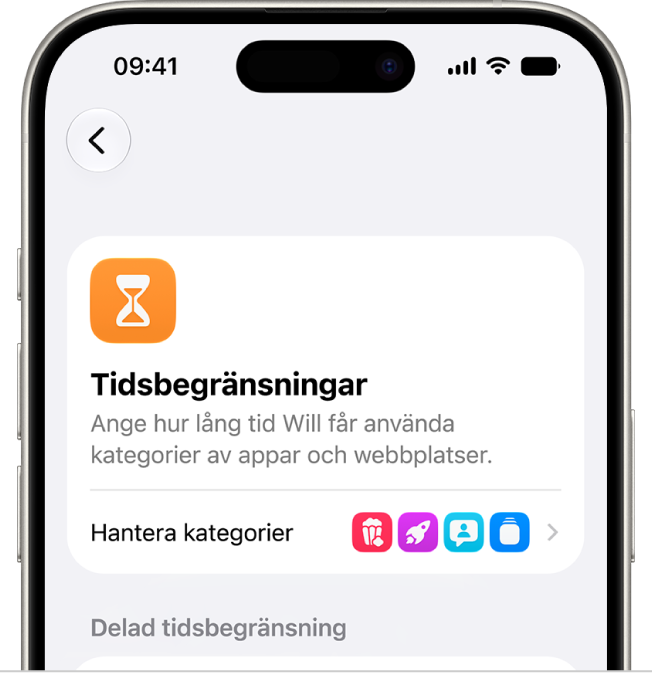 Panelen Tidsbegränsningar i inställningarna för Skärmtid.