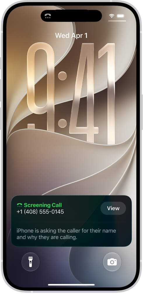 An iPhone with a Call Screening notification displayed on the Lock Screen. The notification states that the iPhone is asking the caller for their name and why they are calling.