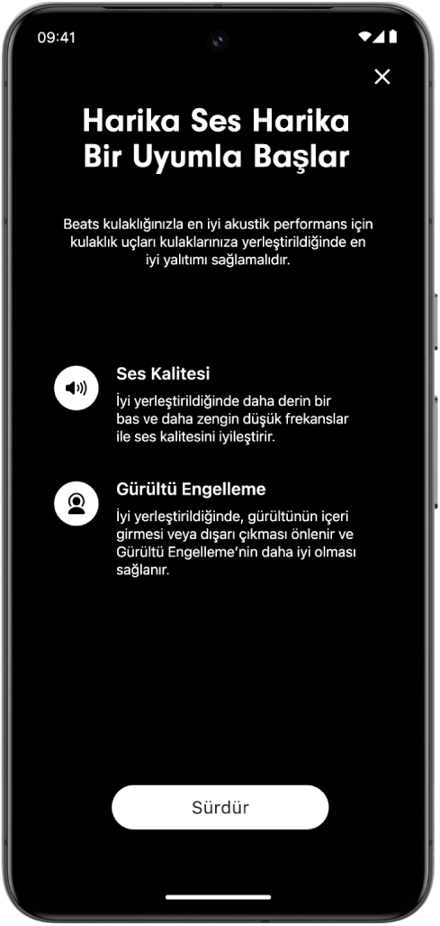 Kulaklık Ucu&nbsp;Uyum&nbsp;Testi’ni gösteren bir Android aygıt ekranı.