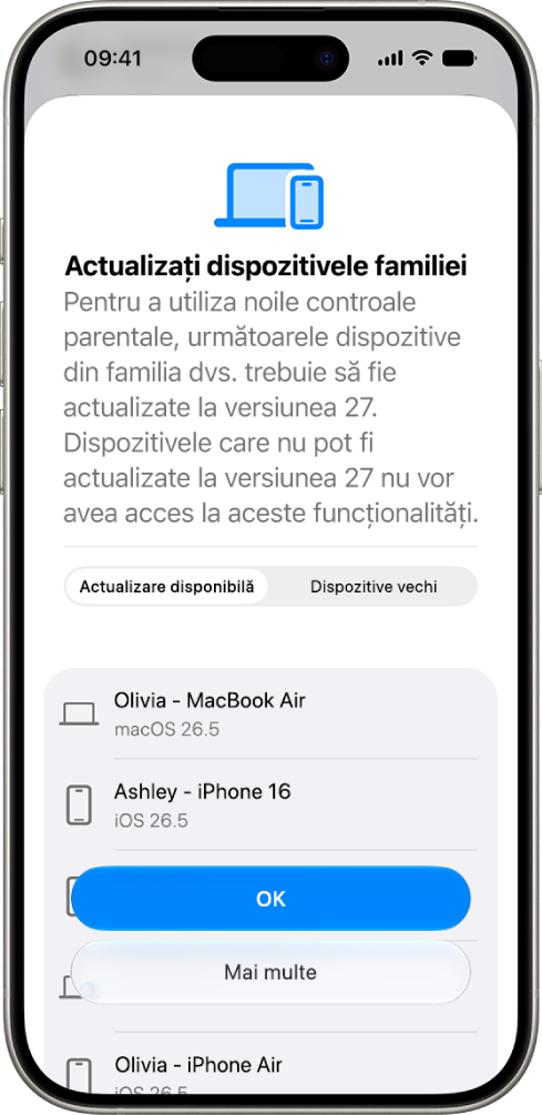 Ecranul „Actualizați dispozitivele familiei” afișând dispozitivele care trebuie actualizate și dispozitivele vechi.