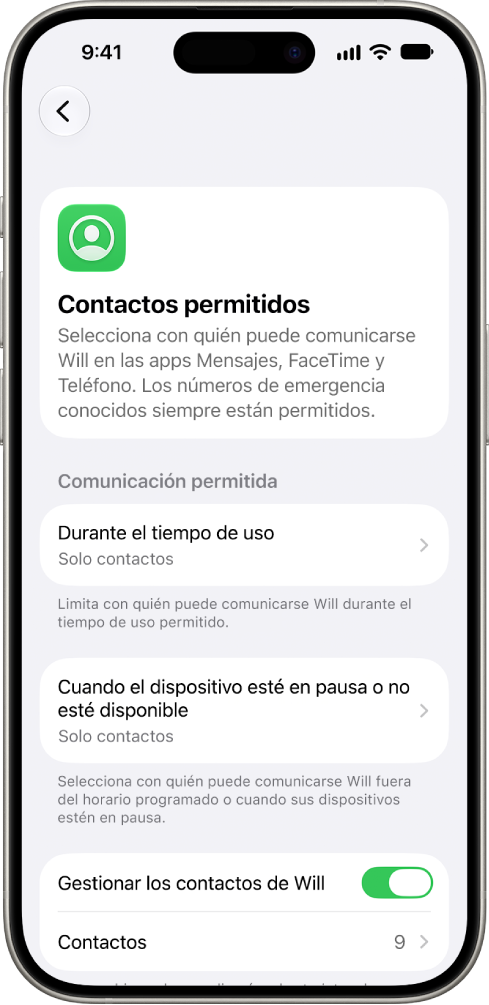 La pantalla “Contactos permitidos” de los ajustes de “Tiempo de uso”, donde se muestran las opciones de comunicación permitida durante el tiempo de uso, la comunicación permitida cuando los dispositivos están en pausa y la gestión de contactos.