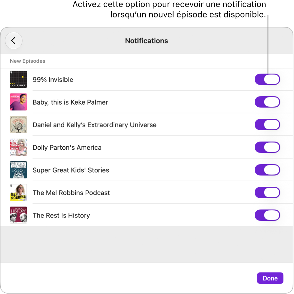 Les options des notifications. Cliquez sur le bouton pour recevoir une notification lorsqu’un nouvel épisode est disponible.