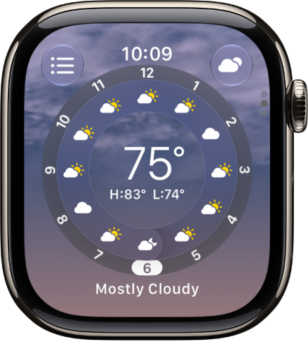 The Weather app showing the hourly temperature forecast.