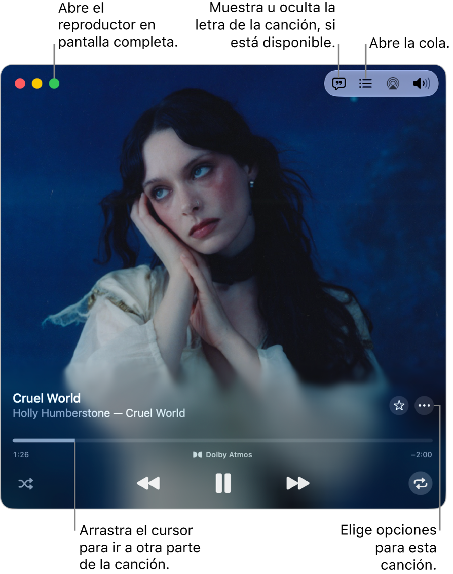 Minirreproductor expandido con los controles de la canción que se está reproduciendo. En la esquina superior izquierda se encuentran los controles de la ventana que sirven para abrir o cerrar el reproductor en pantalla completa. La parte principal de la ventana muestra la ilustración del álbum correspondiente a la canción que se está reproduciendo. Debajo de la portada hay un regulador que te permite moverte a otro momento de la canción. Los botones para ajustar el volumen, mostrar las letras y abrir la cola están arriba.