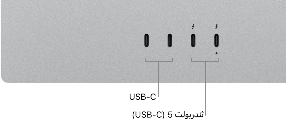 لقطة مقربة للجزء الخلفي من Studio&nbsp;Display&nbsp;XDR تعرض منفذي USB-C ومنفذي ثندربولت&nbsp;5 (USB-C).