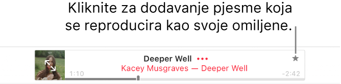Vrh usluge Apple Music s reprodukcijom pjesme. Kliknite tipku Omiljeno s desne strane naslova pjesme za označavanje pjesme koja se reproducira kao omiljene.