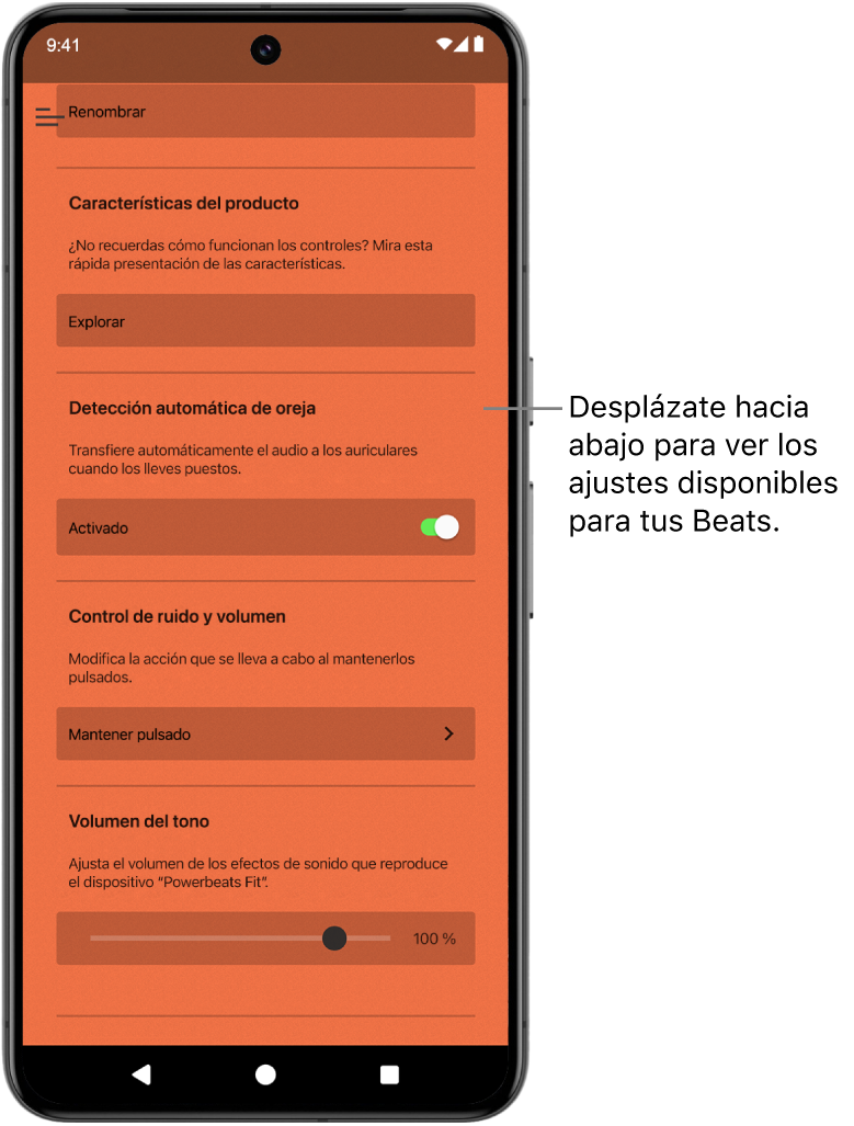 La pantalla del dispositivo de la app Beats con los ajustes disponibles para los auriculares Powerbeats&nbsp;Fit conectados.