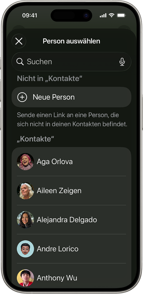 Der Bildschirm „Person auswählen“ und eine Liste von Kontakten auf einem iPhone.