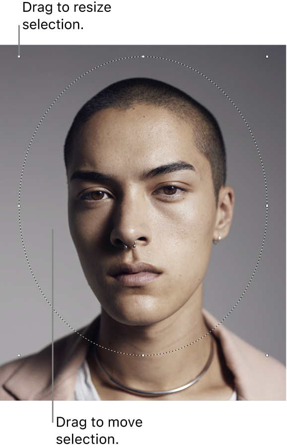 A photo of a person with an oval selection surrounding their head.
