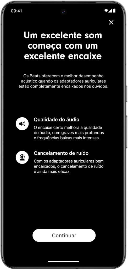 Ecrã de um dispositivo Android com o teste de encaixe dos adaptadores auriculares.