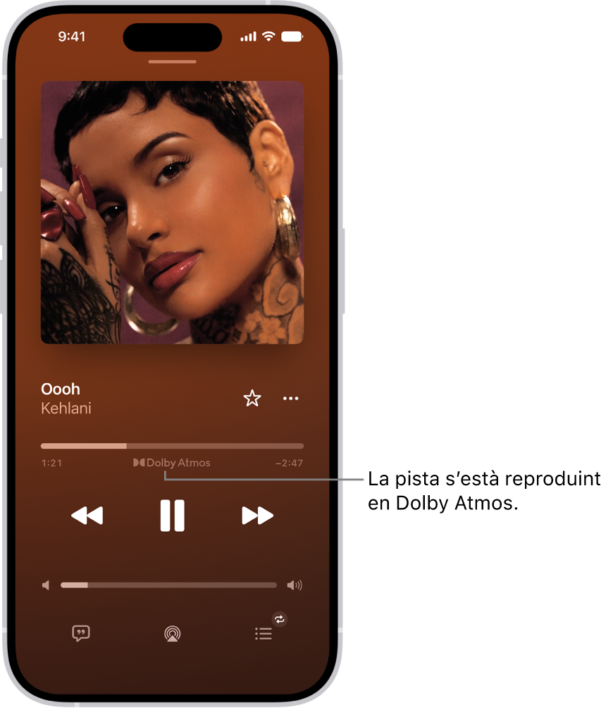 Pantalla “Ara sona” que mostra la icona “Dolby&nbsp;Atmos” a la pista que s’està reproduint.