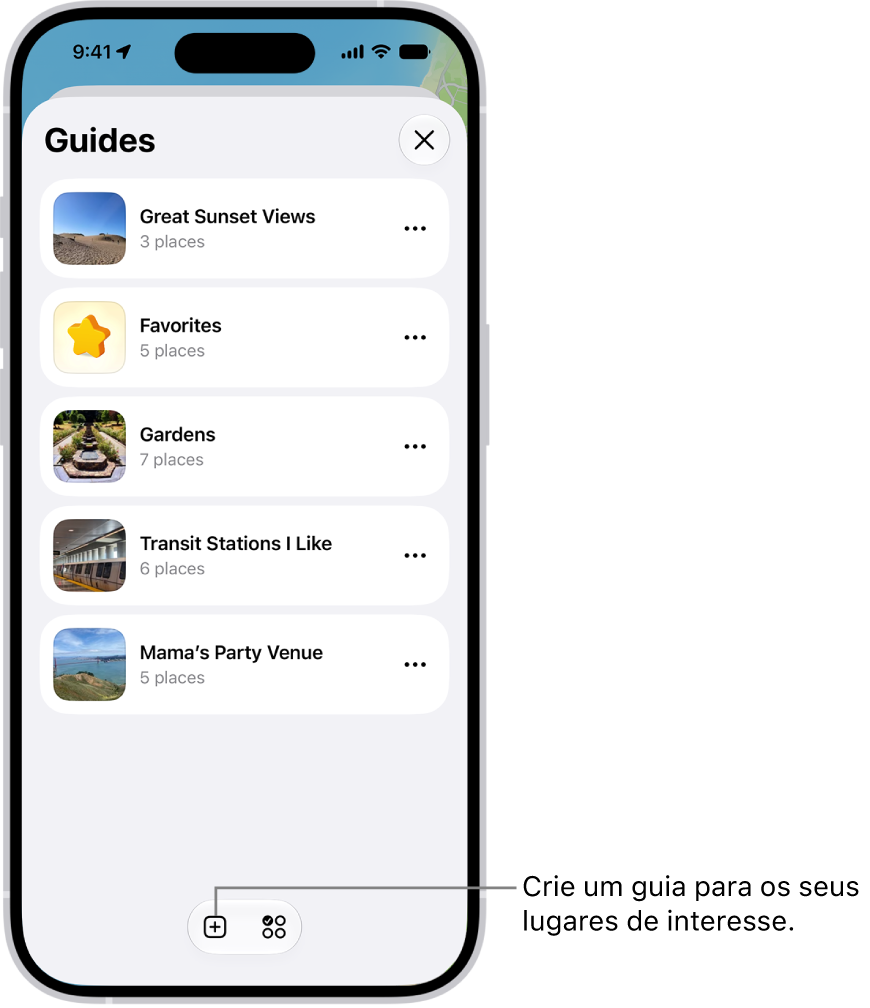 Uma lista de vários guias personalizados no app Mapas, incluindo uma categoria Favoritos e o botão Novo Guia abaixo à direita.