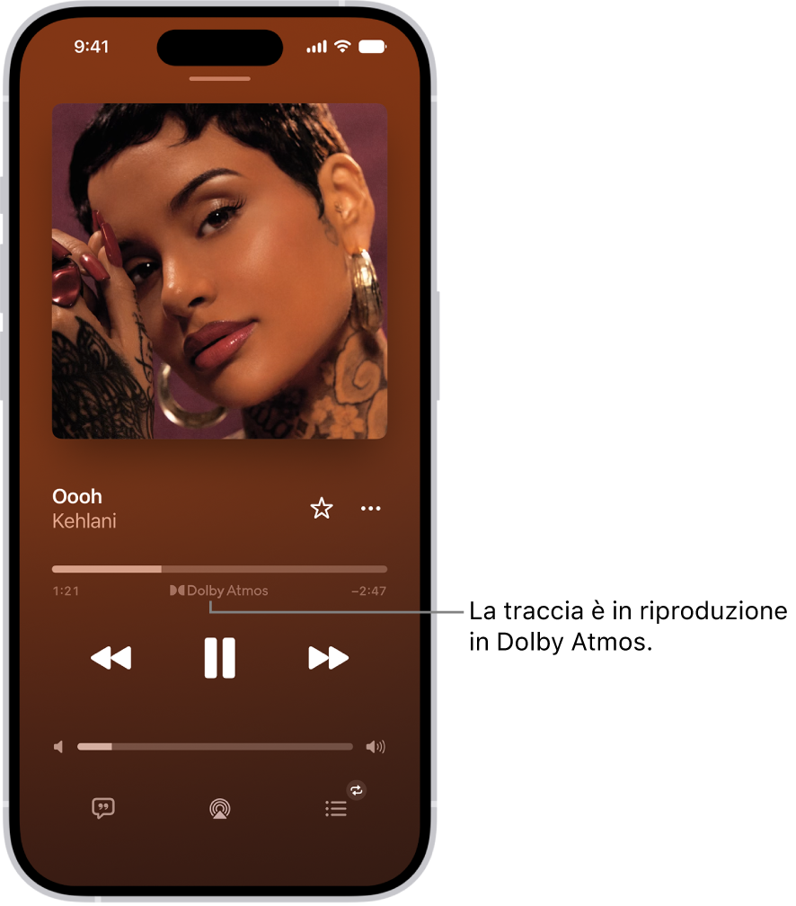 La schermata di “In riproduzione” che mostra l’icona Dolby&nbsp;Atmos per la traccia in riproduzione.