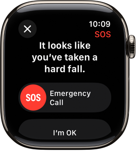 「跌倒偵測」畫面顯示用來開始緊急電話的 SOS 滑桿，以及「我沒有大礙」按鈕。