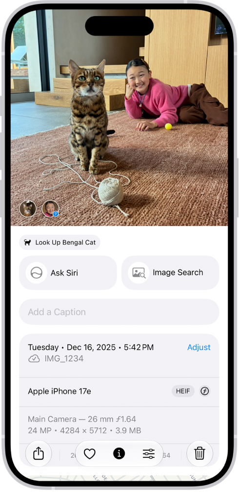写真アプリの写真が開いています。画面の下半分には、写真の撮影日時、ファイル名、iPhoneのモデルとカメラの設定などの写真情報が含まれています。