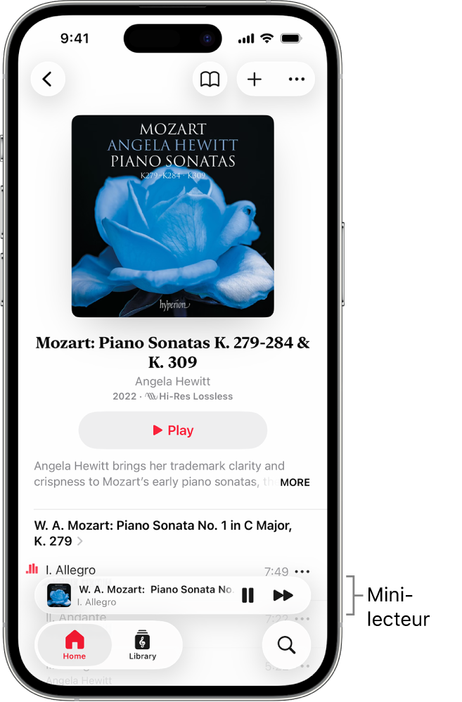 Un iPhone affichant le mini-lecteur dans Apple Music Classical. En haut de l’écran figurent une pochette d’album, le nom de l’œuvre et un bouton Lecture. Le mini-lecteur se trouve vers le bas de l’écran. En dessous du mini-lecteur figurent les boutons Accueil, Explorer, Bibliothèque et Rechercher.