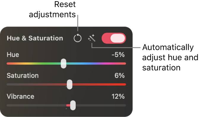 Hue & Saturation controls in the Color Adjustments pane.
